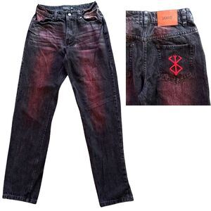 VEES Sacrifice Satan Jeans Mens 28x32 Black Denim Red Wash Embroidered Whiskers